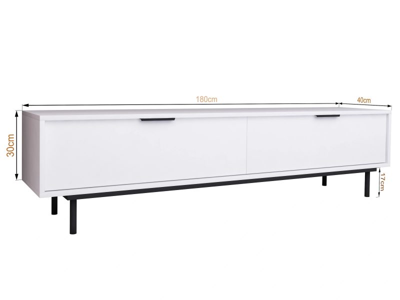 TV-Lowboard Cala Weiß Matt auf schwarzen Beinen mit Maßangaben 180 × 30 × 40 cm