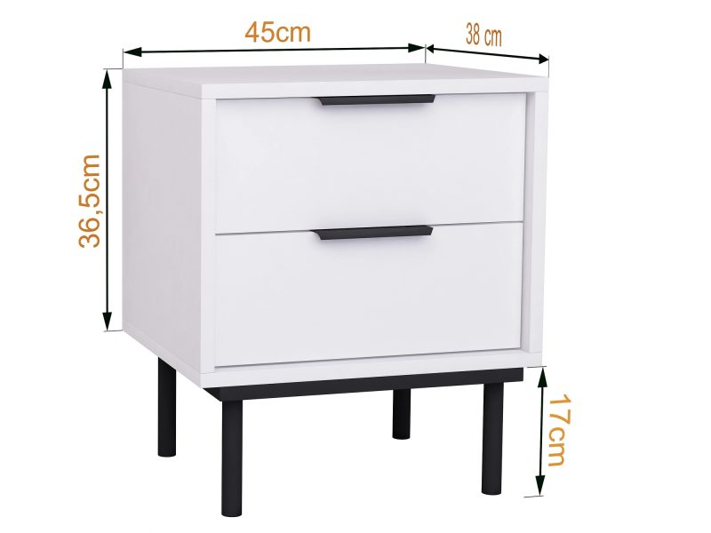 Nachttisch Cala Weiß Matt 45x38x36,5cm – Produktfoto mit Maßen