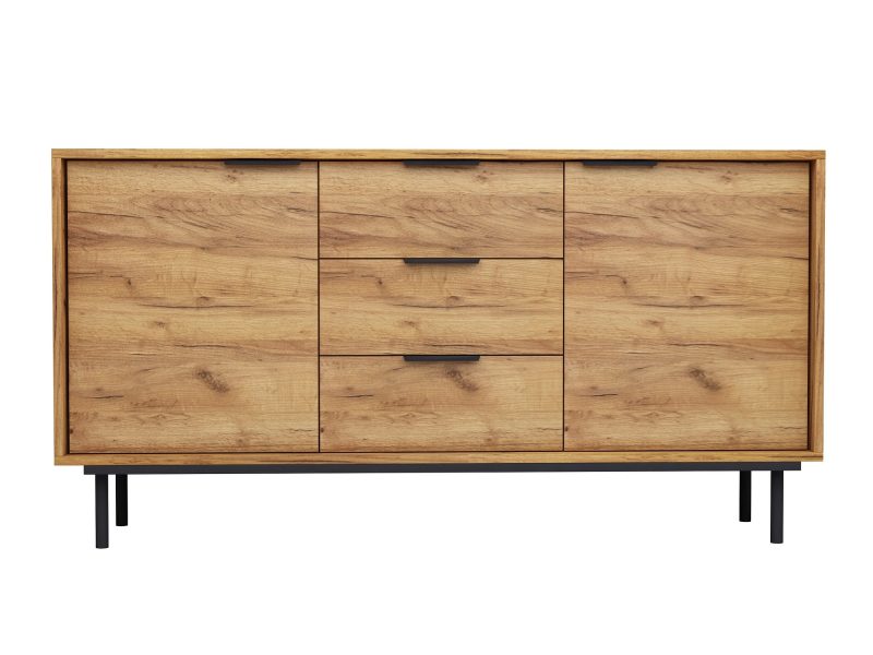 Kommode Cala 154cm Eiche Craft Gold Matt mit klassischen Griffen, frontale Ansicht auf weißem Hintergrund.