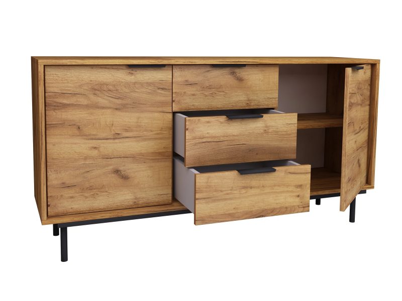 Kommode Cala 154cm Eiche Craft Gold Matt, geöffnete Türen und Schubladen, Stauraum sichtbar.