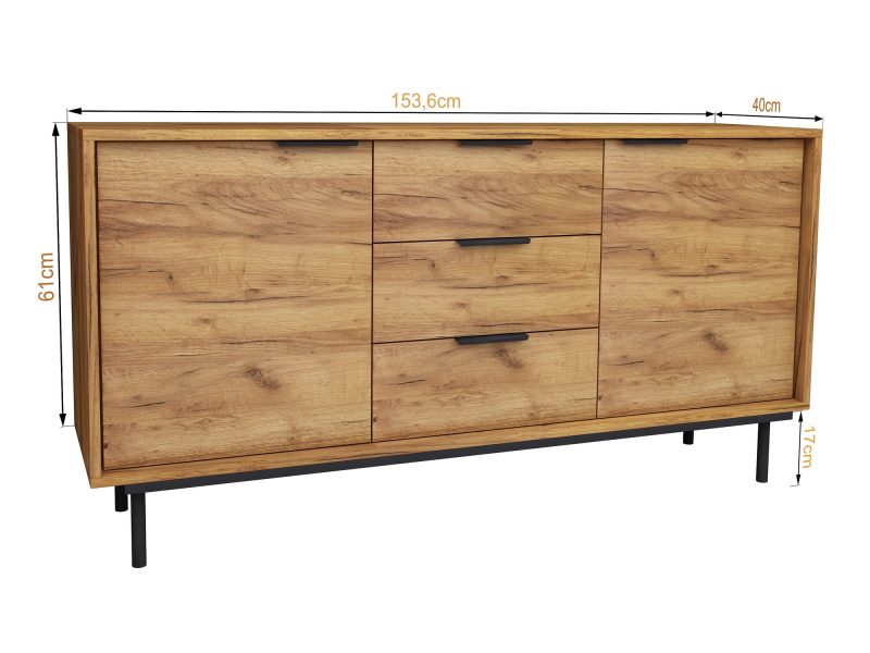 Kommode Cala 154cm Eiche Craft Gold Matt, mit eingezeichneten Maßen Breite 153,6cm, Höhe 61cm, Tiefe 40cm.