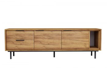 TV-Lowboard Cala 175cm Eiche Craft Gold Matt mit klassischen Griffen, frontale Ansicht auf weißem Hintergrund.