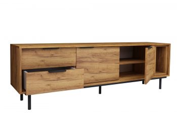 TV-Lowboard Cala 175cm Eiche Craft Gold Matt, offene Türen und Schubladen mit sichtbarem Stauraum.