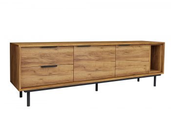 TV-Lowboard Cala 175cm Eiche Craft Gold Matt, schräge Ansicht von links auf weißem Hintergrund.