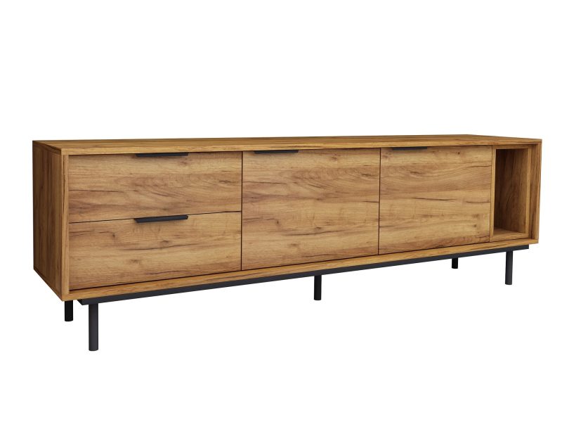 TV-Lowboard Cala 175cm Eiche Craft Gold Matt, schräge Ansicht von links auf weißem Hintergrund.