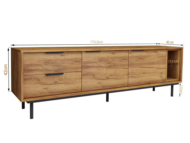 TV-Lowboard Cala 175cm Eiche Craft Gold Matt mit eingezeichneten Maßen 174,6 × 42 × 40 cm.