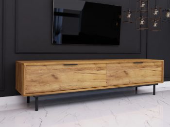 TV-Lowboard Cala 180cm Eiche Craft Gold Matt mit klassischen Griffen, seitliche Ansicht im Raum.