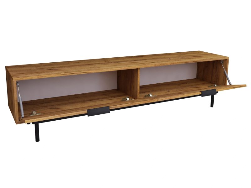 TV-Lowboard Cala 180cm Eiche Craft Gold Matt, geöffnete Klapptüren mit Stauraum sichtbar.