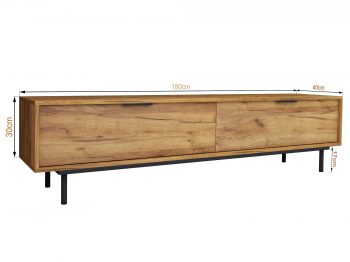 TV-Lowboard Cala 180cm Eiche Craft Gold Matt mit eingezeichneten Maßen 180 × 30 × 40 cm.