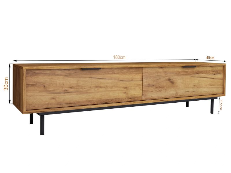 TV-Lowboard Cala 180cm Eiche Craft Gold Matt mit eingezeichneten Maßen 180 × 30 × 40 cm.