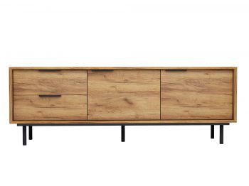 TV-Lowboard Cala 154cm Eiche Craft Gold Matt mit klassischen Griffen, frontale Ansicht auf weißem Hintergrund.