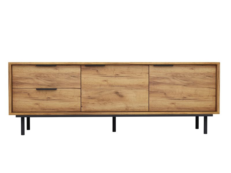 TV-Lowboard Cala 154cm Eiche Craft Gold Matt mit klassischen Griffen, frontale Ansicht auf weißem Hintergrund.