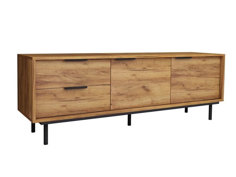 TV-Lowboard Cala 154cm Eiche Craft Gold Matt, schräge Ansicht von links.