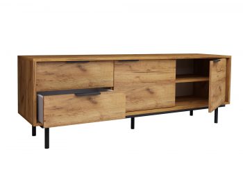 TV-Lowboard Cala 154cm Eiche Craft Gold Matt, geöffnete Türen und Schubladen mit Stauraum sichtbar.