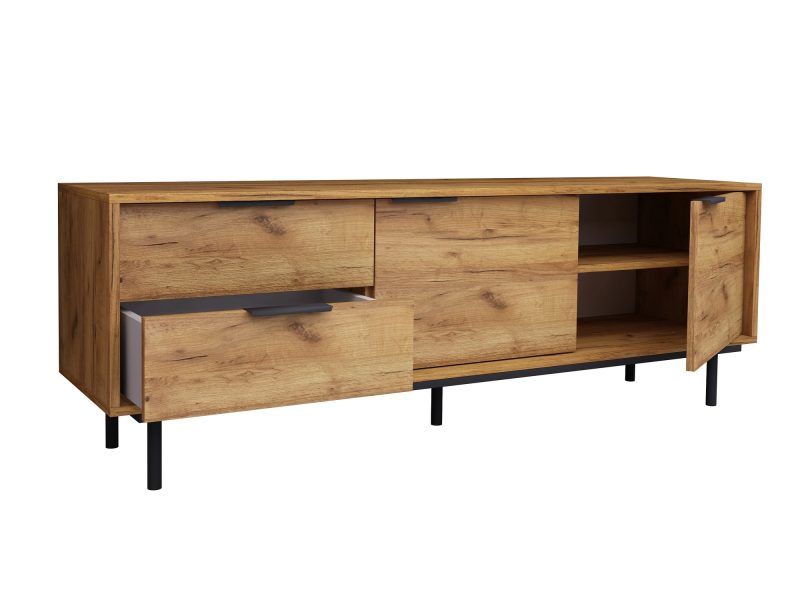 TV-Lowboard Cala 154cm Eiche Craft Gold Matt, geöffnete Türen und Schubladen mit Stauraum sichtbar.