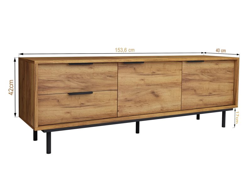 TV-Lowboard Cala 154cm Eiche Craft Gold Matt mit eingezeichneten Maßen 153,6 × 42 × 40 cm.
