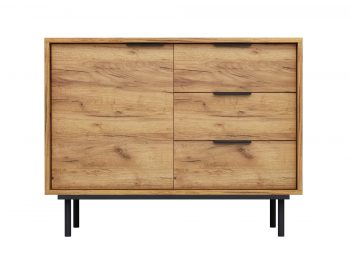 Kommode Cala 104cm Eiche Craft Gold Matt mit klassischen Griffen, frontale Ansicht auf weißem Hintergrund.