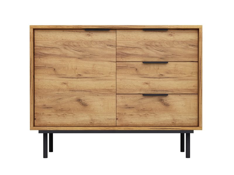 Kommode Cala 104cm Eiche Craft Gold Matt mit klassischen Griffen, frontale Ansicht auf weißem Hintergrund.