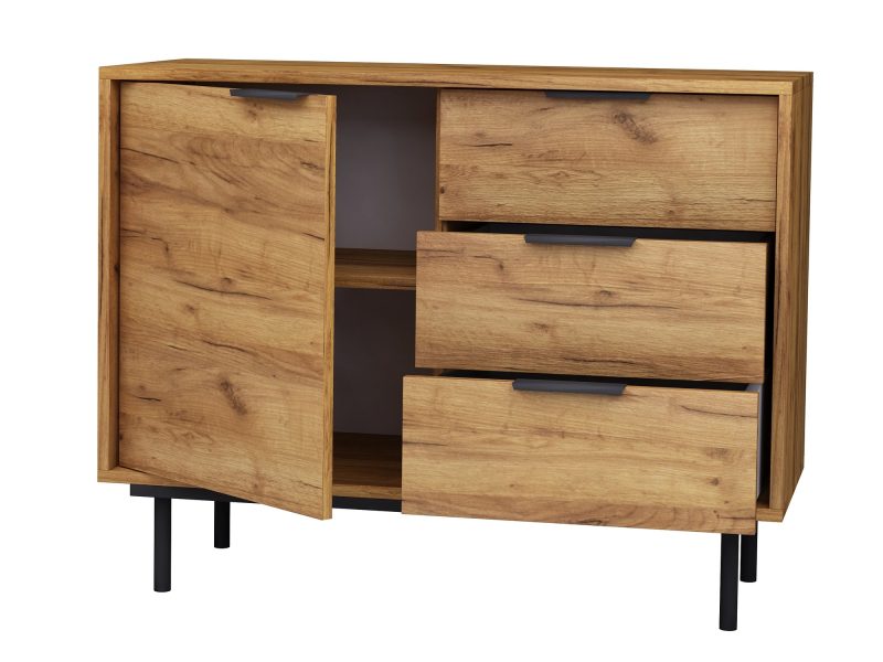 Kommode Cala 104cm Eiche Craft Gold Matt, geöffnet mit Schubladen und Tür, Stauraum sichtbar.