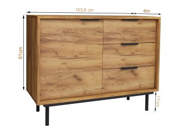 Kommode Cala 104cm Eiche Craft Gold Matt mit eingezeichneten Maßen 103,6 × 61 × 40 cm.