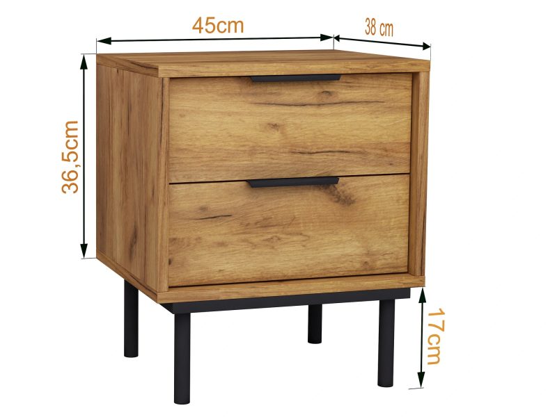 Nachttisch Cala 45cm Eiche Craft Gold Matt mit eingezeichneten Maßen 45 × 36,5 × 38 cm.