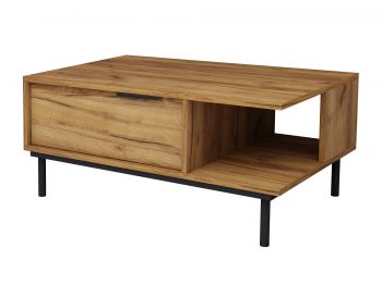 Couchtisch Cala 90×60cm Eiche Craft Gold Matt, schräge Ansicht mit offener Ablage.