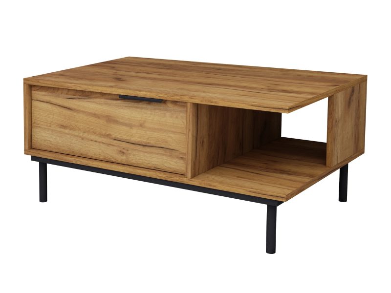 Couchtisch Cala 90×60cm Eiche Craft Gold Matt, schräge Ansicht mit offener Ablage.