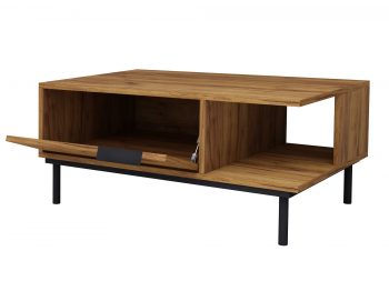 Couchtisch Cala 90×60cm Eiche Craft Gold Matt, geöffnete Klappe mit Stauraumfach sichtbar.