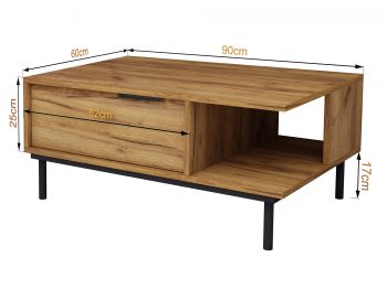 Couchtisch Cala 90×60cm Eiche Craft Gold Matt mit eingezeichneten Maßen 90 × 60 × 42 cm.