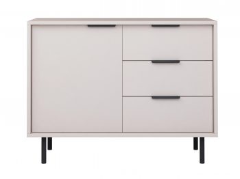 Kommode Cala 104cm Kaschmir Matt, Frontalansicht mit schwarzen Griffen und Metallbeinen.