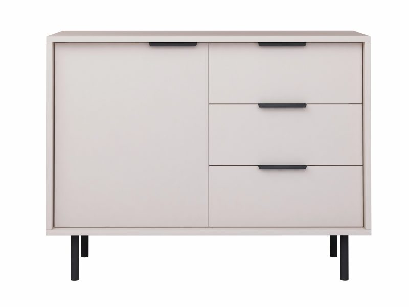 Kommode Cala 104cm Kaschmir Matt, Frontalansicht mit schwarzen Griffen und Metallbeinen.