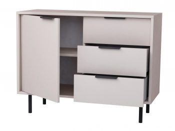 Kommode Cala 104cm Kaschmir Matt, geöffnete Schubladen und Tür mit Stauraum sichtbar.