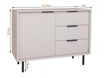 Kommode Cala 104cm Kaschmir Matt mit eingezeichneten Maßen 103,6 × 40 × 61 cm.