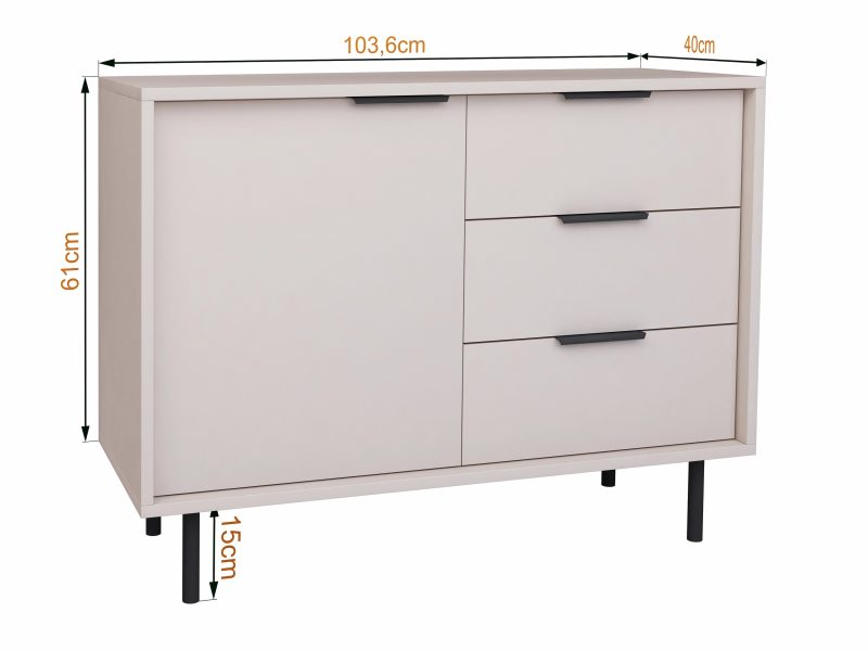 Kommode Cala 104cm Kaschmir Matt mit eingezeichneten Maßen 103,6 × 40 × 61 cm.