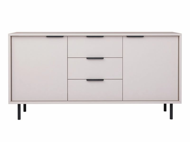 Kommode Cala 154cm Kaschmir Matt, Frontalansicht mit schwarzen Griffen und Metallbeinen.