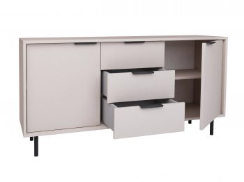 Kommode Cala 154cm Kaschmir Matt, geöffnete Türen und Schubladen mit Stauraum sichtbar.