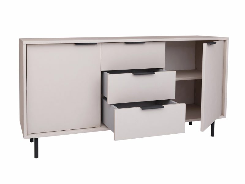 Kommode Cala 154cm Kaschmir Matt, geöffnete Türen und Schubladen mit Stauraum sichtbar.