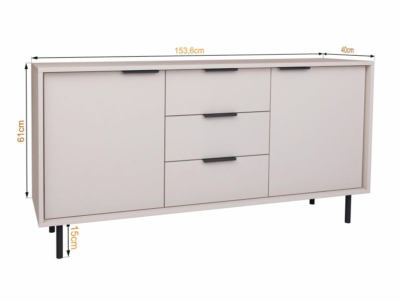 Kommode Cala 154cm Kaschmir Matt mit eingezeichneten Maßen 153,6 × 40 × 61 cm.