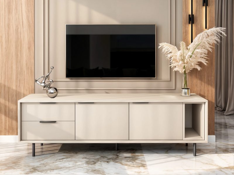 TV-Lowboard Cala 175cm Kaschmir Matt im modernen Wohnzimmer unter einem Fernseher.