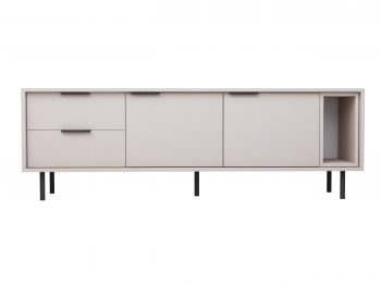 TV-Lowboard Cala 175cm Kaschmir Matt, Frontalansicht mit Schubladen, Türen und offenem Fach.