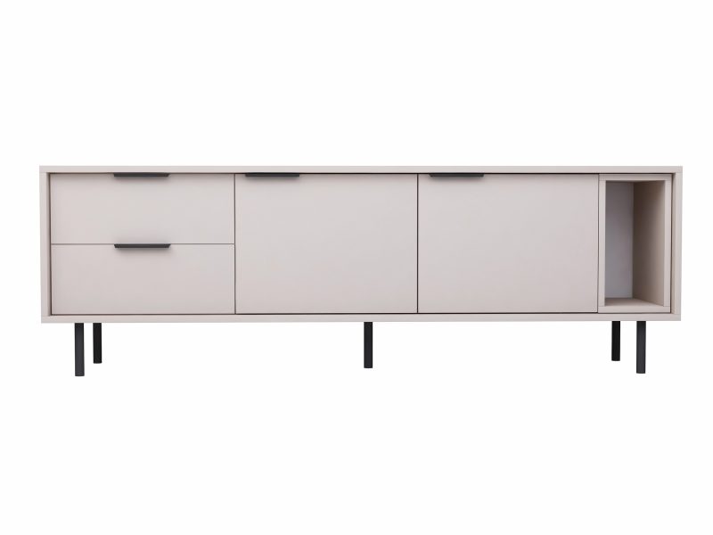 TV-Lowboard Cala 175cm Kaschmir Matt, Frontalansicht mit Schubladen, Türen und offenem Fach.