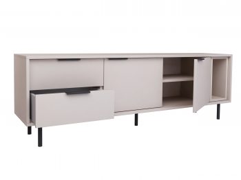 TV-Lowboard Cala 175cm Kaschmir Matt, geöffnete Schubladen und Türen mit Stauraum sichtbar.