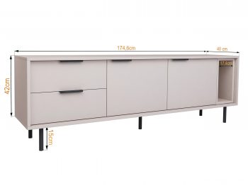 TV-Lowboard Cala 175cm Kaschmir Matt mit eingezeichneten Maßen 174,6 × 40 × 42 cm.