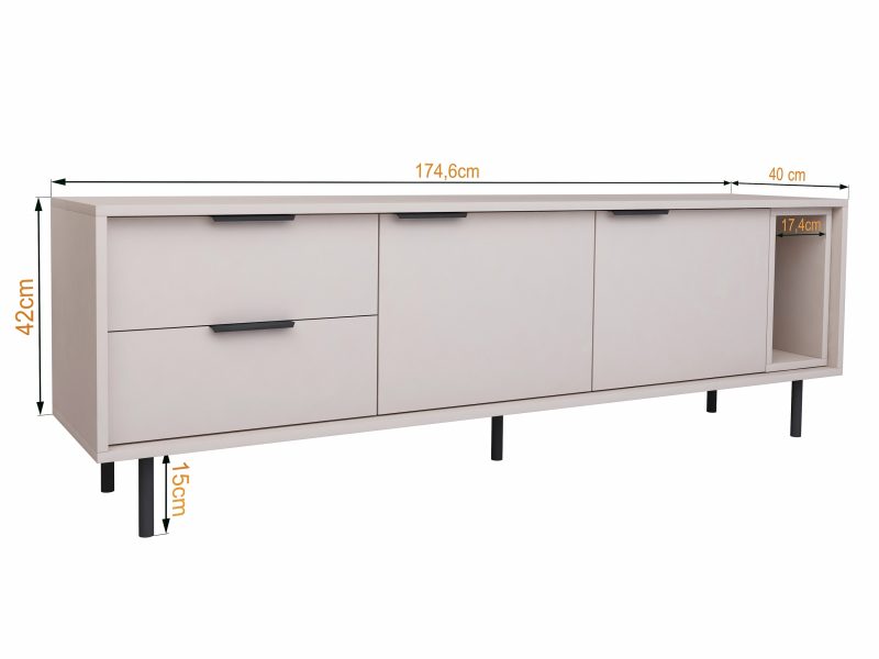 TV-Lowboard Cala 175cm Kaschmir Matt mit eingezeichneten Maßen 174,6 × 40 × 42 cm.