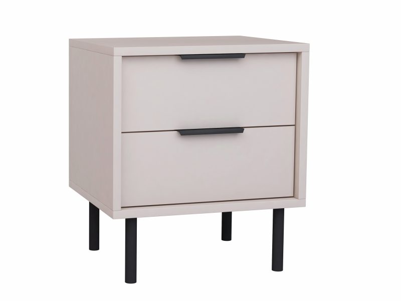 Nachttisch Cala Kaschmir Matt in schräger Ansicht mit schwarzen Griffen.