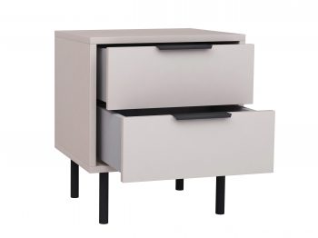 Nachttisch Cala Kaschmir Matt, geöffnete Schubladen mit Stauraum sichtbar.