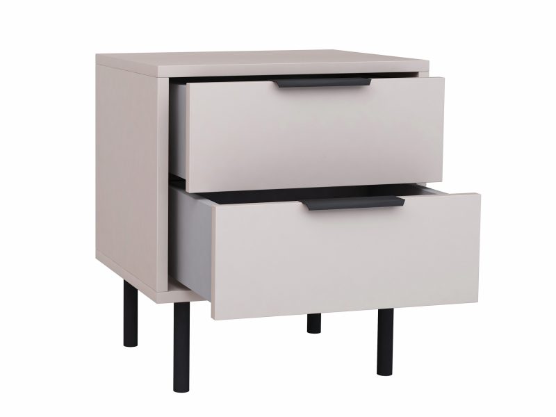 Nachttisch Cala Kaschmir Matt, geöffnete Schubladen mit Stauraum sichtbar.