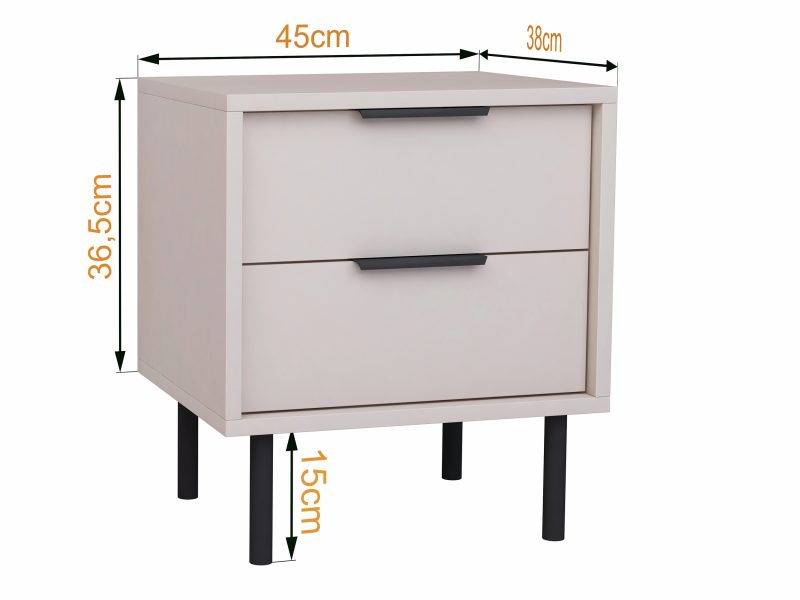 Nachttisch Cala Kaschmir Matt mit eingezeichneten Maßen 45 × 38 × 36,5 cm.