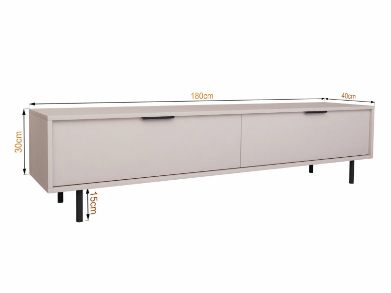 TV-Lowboard Cala 180cm in Kaschmir Matt mit Maßen 180×30×40 cm auf schwarzen Beinen.
