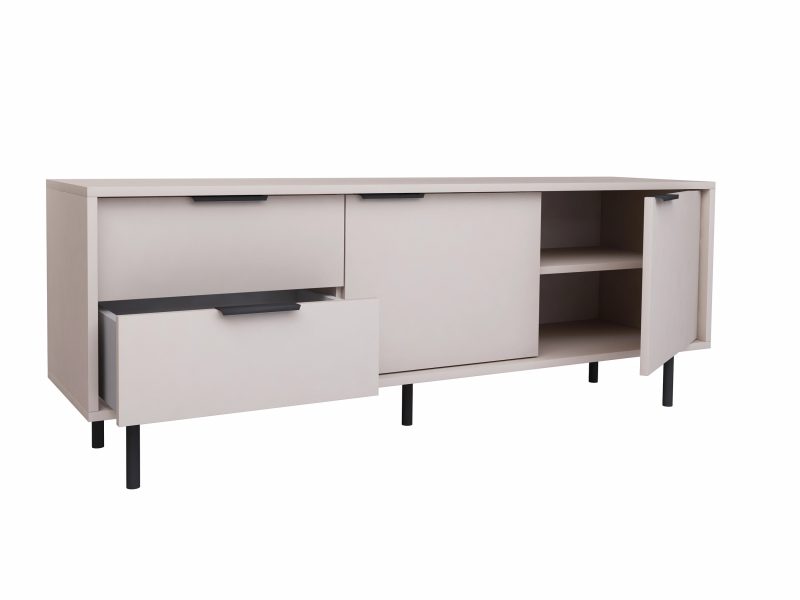 Geöffnete Kommode Cala 154cm mit 2 Schubladen und Stauraum hinter den Türen.